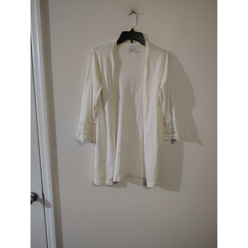 Calvin Klein Cream White Crochet Lace Cuff Open Front Cardigan Sweater Small